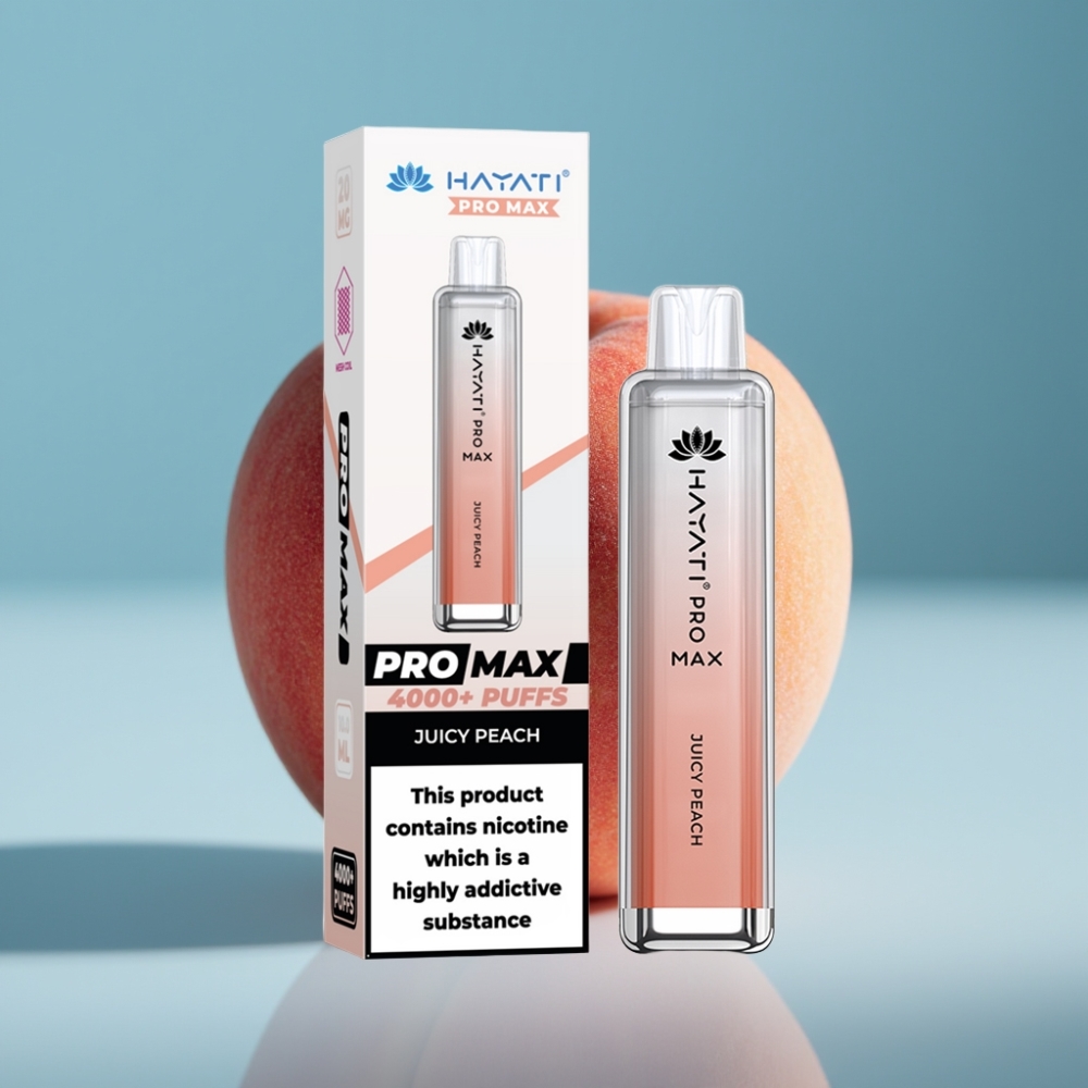 Hayati Pro Max 4000 Pufov Jednorazové Vape Šťavnatá broskyňa a Hayati Pro Max 4000 Pufov Jednorazové Vape 1400mAh batéria 2 a 5 nikotín